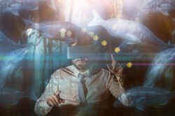 Big fish swimming in a tank against businessman using virtual reality device Big fish swimming in a tank against businessman using virtual reality device