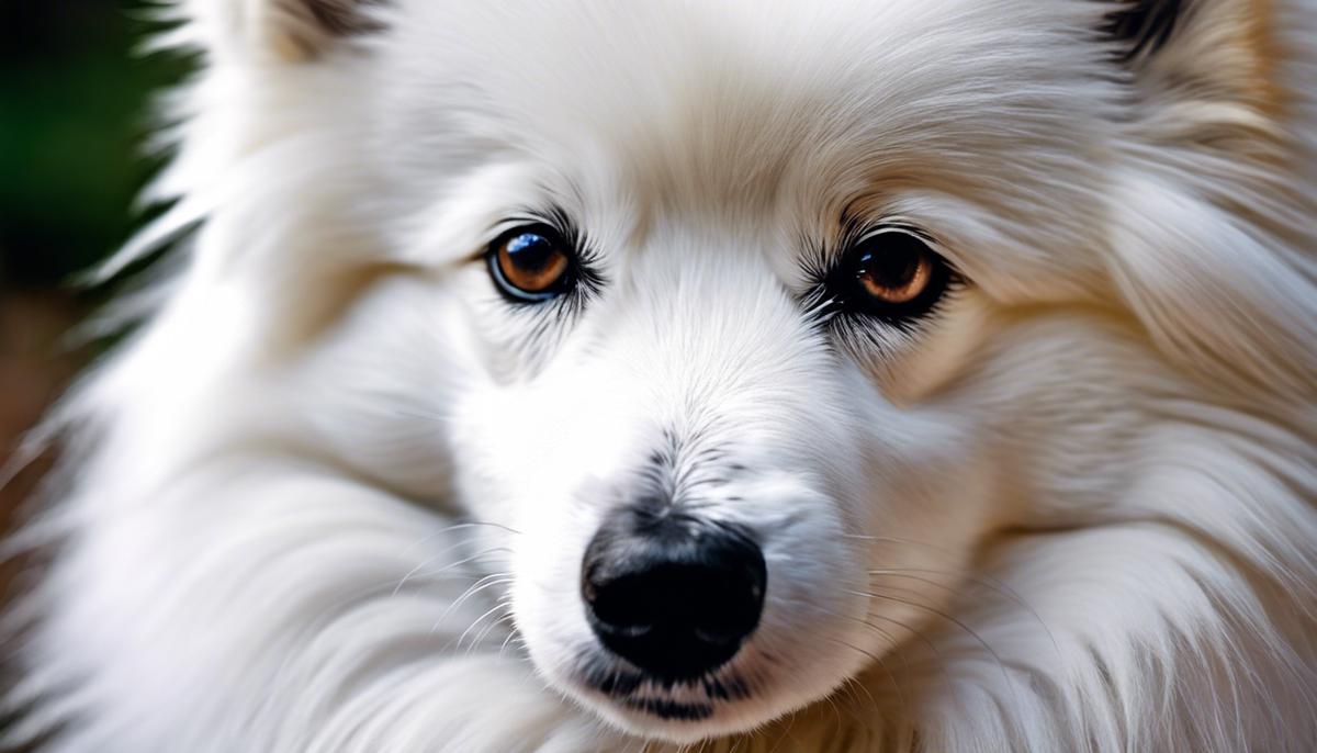 A close-up image of a Japanese Spitz with its fluffy white fur and black eyes.