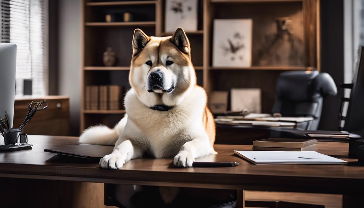 Image of an Akita dog sitting in an office environment, looking calm and attentive