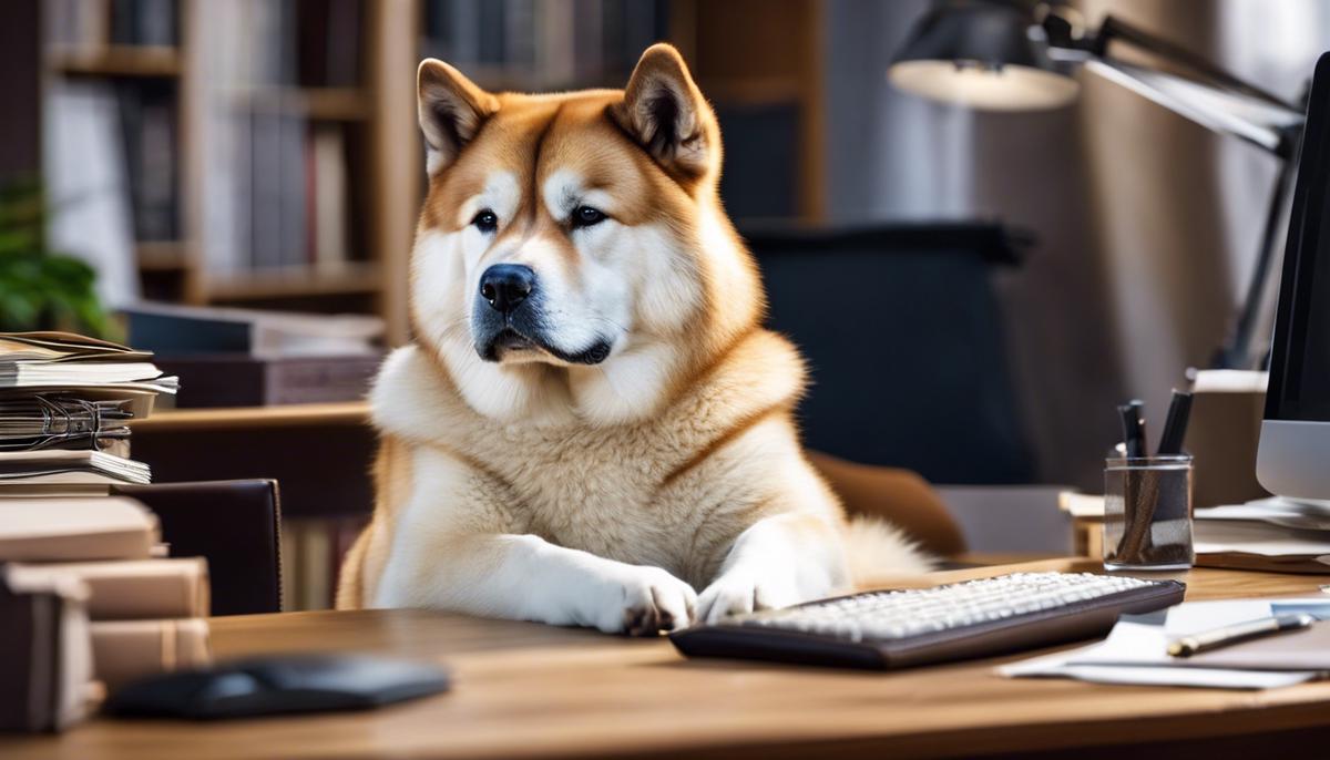 An image of an Akita dog sitting among other office pets, showcasing a calm and peaceful coexistence.