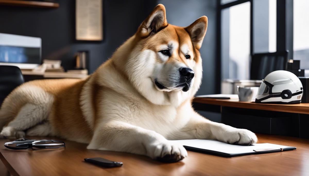 A picture of an Akita comfortably lying by a desk in an office environment