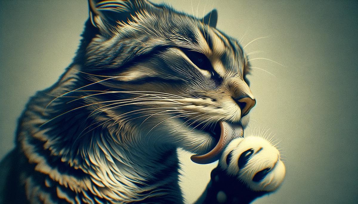 A cat licking its paw excessively, potentially indicating a medical or behavioral issue