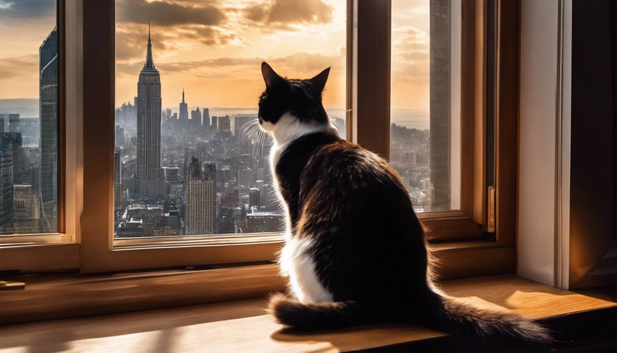 A cat sitting on a windowsill looking out at the city