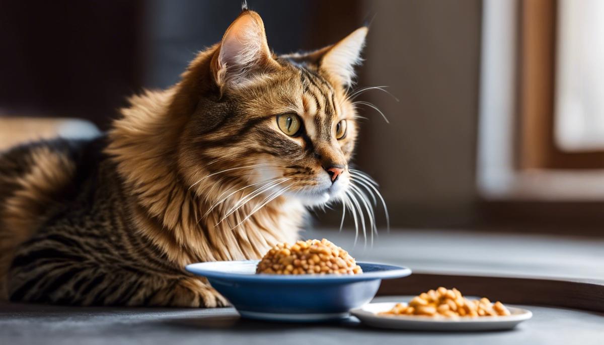 A worried-looking cat sitting next to an empty food bowl