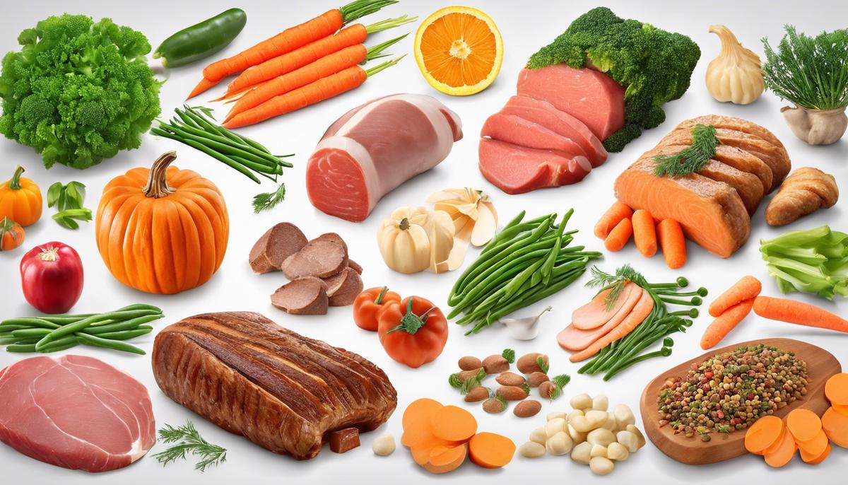 Image showing a variety of dog-friendly foods, such as lean meats, carrots, pumpkin, green beans, and fish.