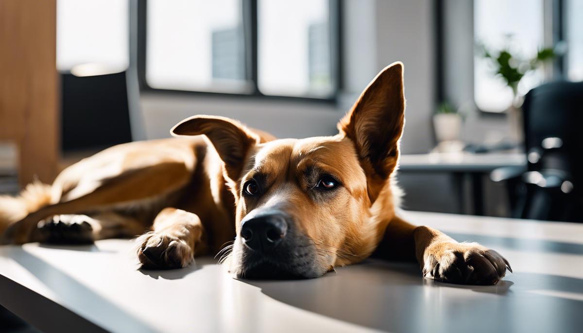 An image of a dog lying next to a desk in an office, showcasing a dog-friendly workplace environment.