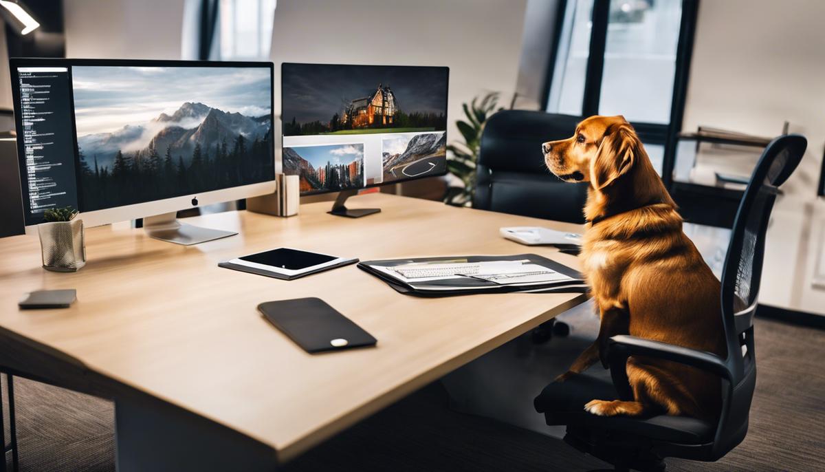 An image of a dog sitting at a desk in an office environment, showing the concept of a dog-friendly workspace.
