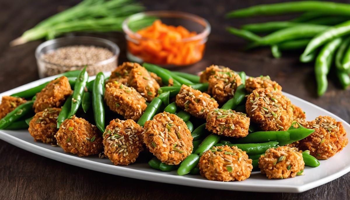 A plate of homemade dog nuggets made with lean chicken, carrots, and green beans, topped with flax seeds for a healthy treat.