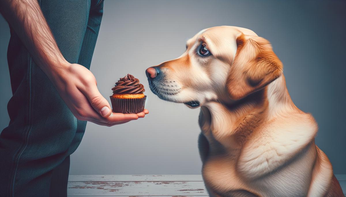 A well-trained dog resisting a chocolate frosted cupcake being offered to it