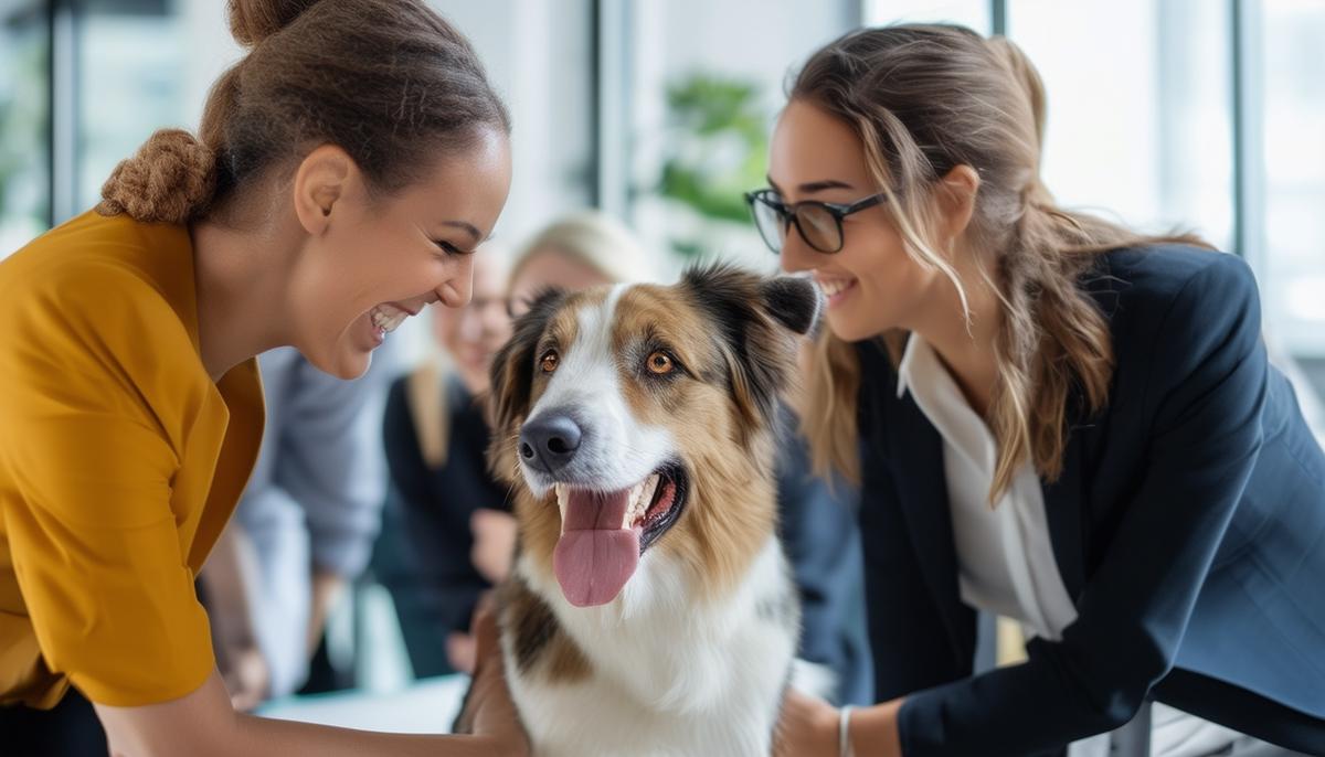 Smiling office workers in business casual attire petting and interacting with a friendly dog in the workplace