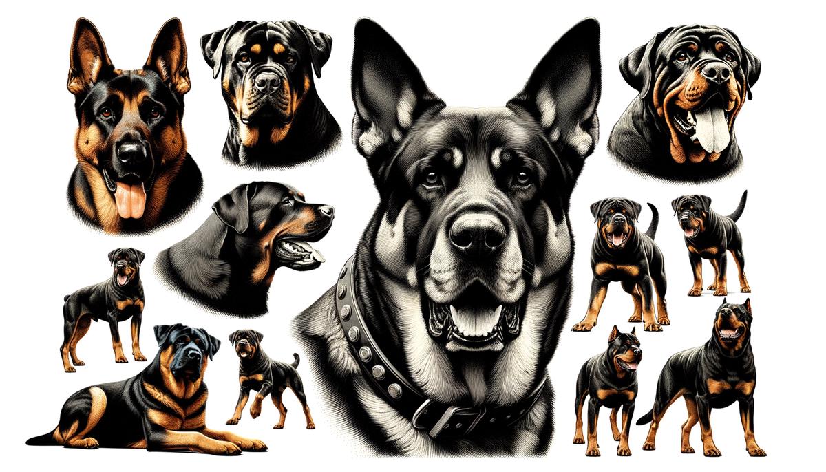 Collage of large, intimidating dog breeds commonly used as guard dogs, such as German Shepherds, Rottweilers, and Doberman Pinschers