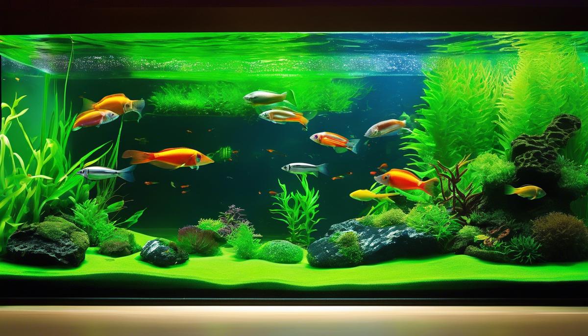 Image illustrating strategies and treatments to keep algae at bay in an aquarium, such as biological control, chemical control, CO2 injection, and environmental manipulation. It shows a vibrant aquarium with various fish, plants, and algae coexisting harmoniously.