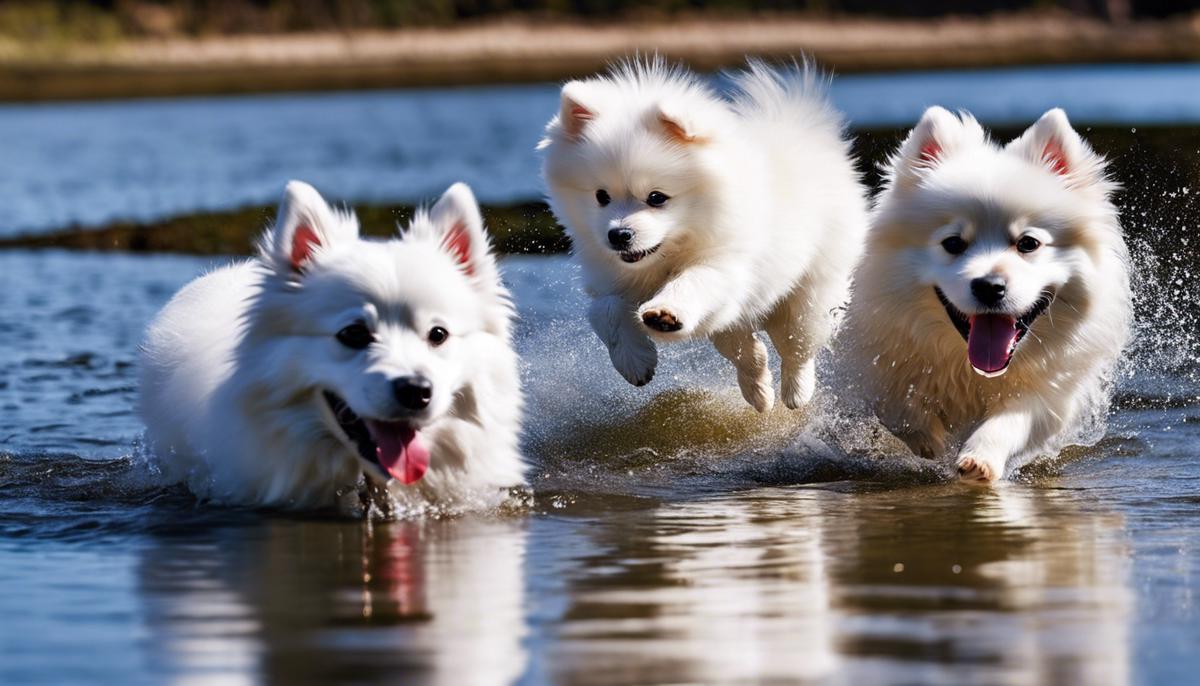 Image of joyful Japanese Spitz dogs playing together