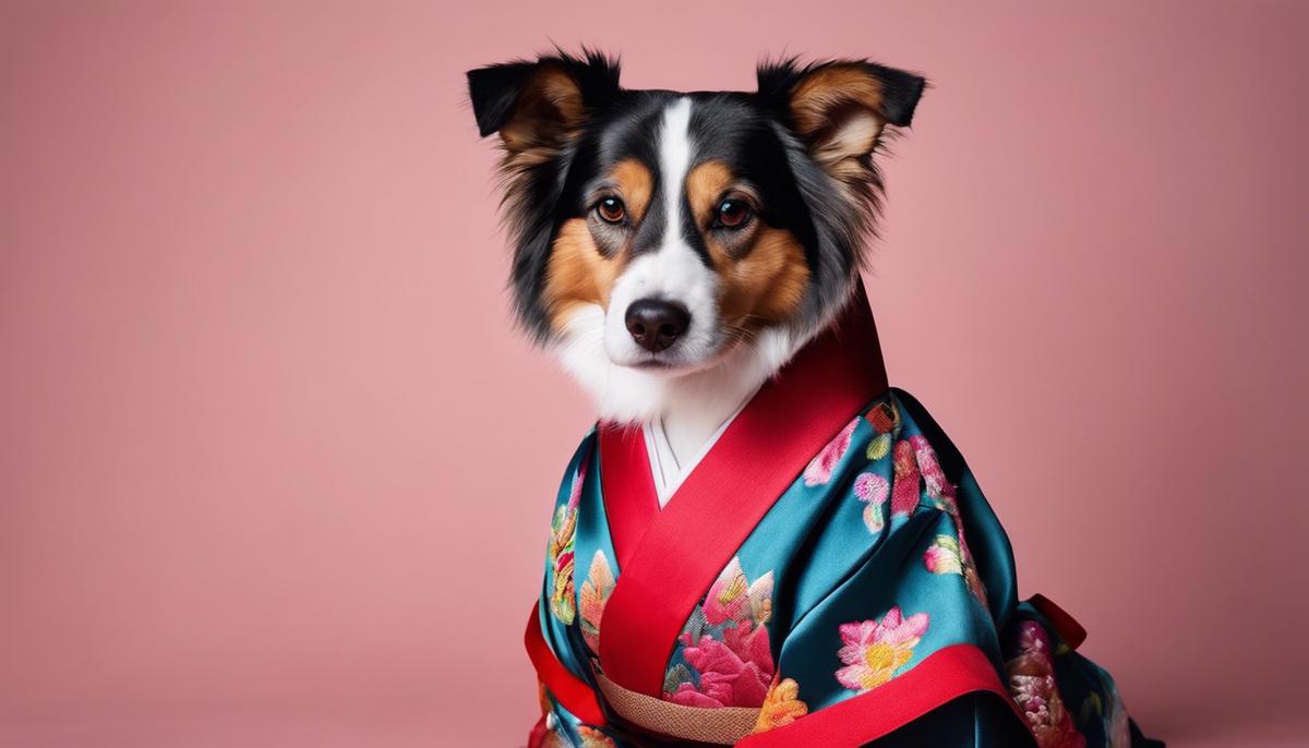 Image of a fashionable dog wearing a kimono-style outfit with colorful embroidery and accessories.