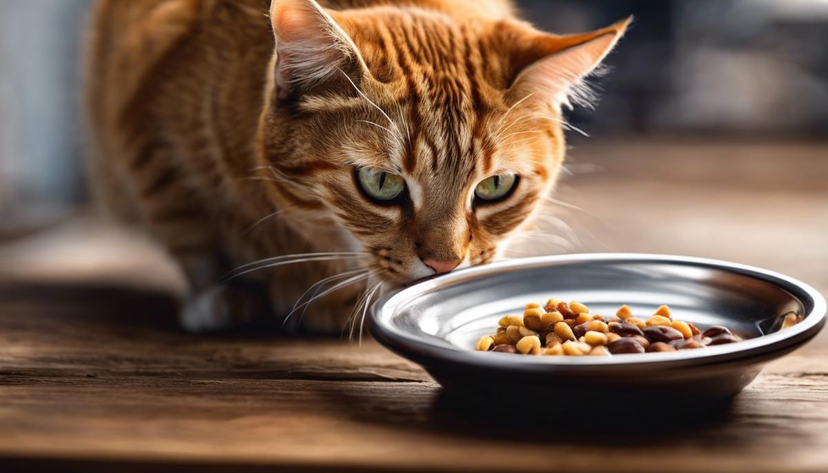 Image of a worried cat looking at its food dish, describing the concern when a cat is not eating or drinking as usual