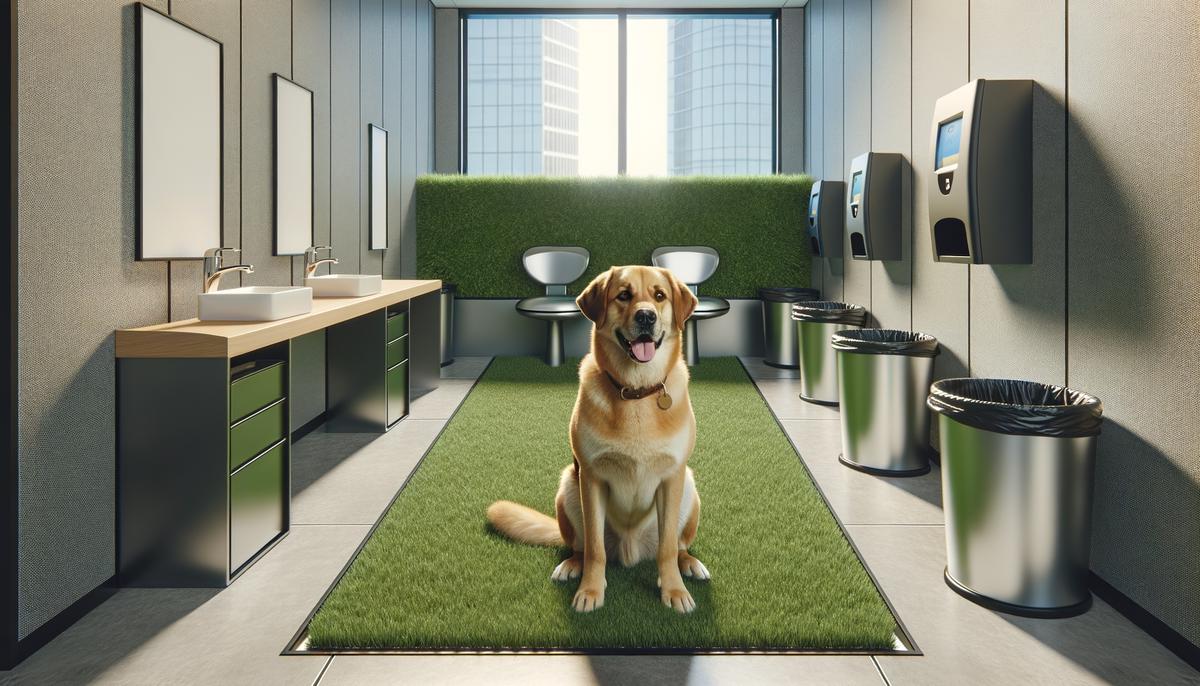 A well-behaved dog sitting in a designated pet relief area inside an office, with fake grass and waste bags available