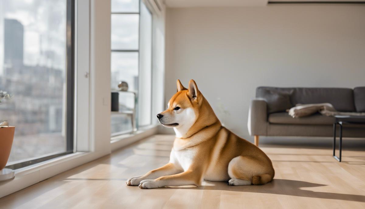 A Shiba Inu dog sitting calmly in a modern, minimalist city apartment.