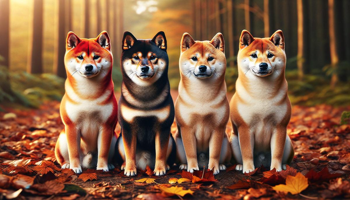 Four Shiba Inu dogs sitting next to each other, each showcasing a different coat color variant - red, black and tan, sesame, and cream.