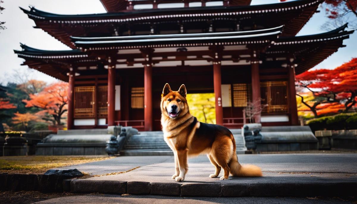 A majestic Tosa Inu standing graciously in front of a Japanese temple
