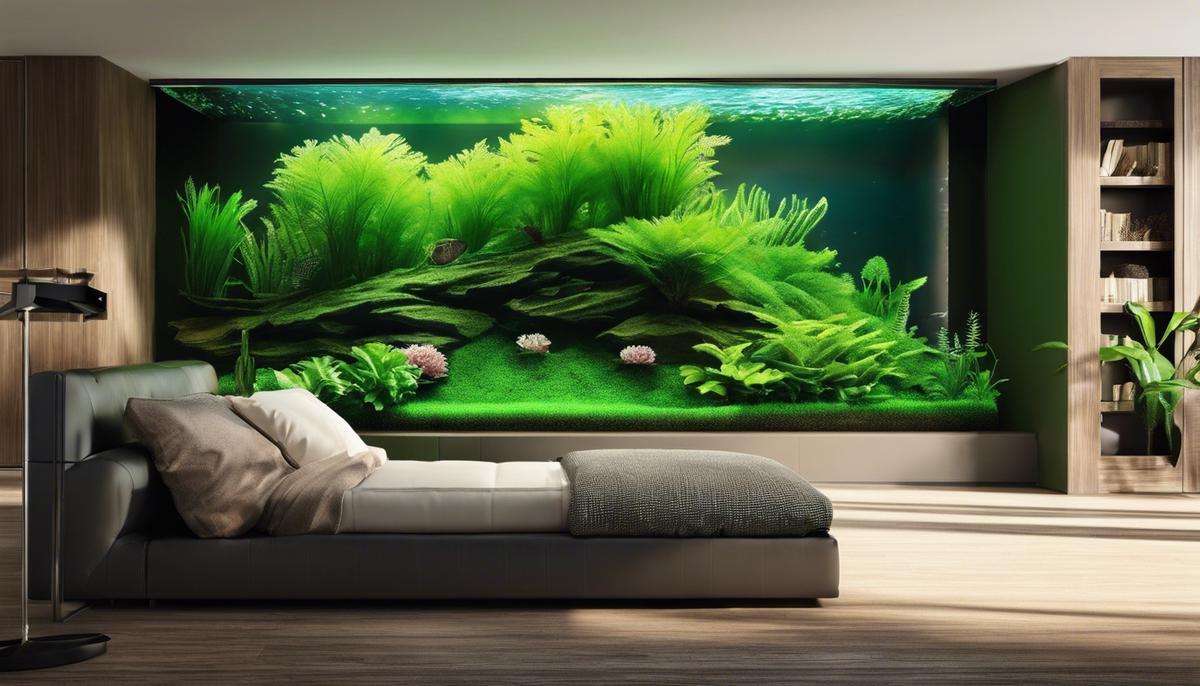 An image showing a fish tank with green algae on the walls and plants.